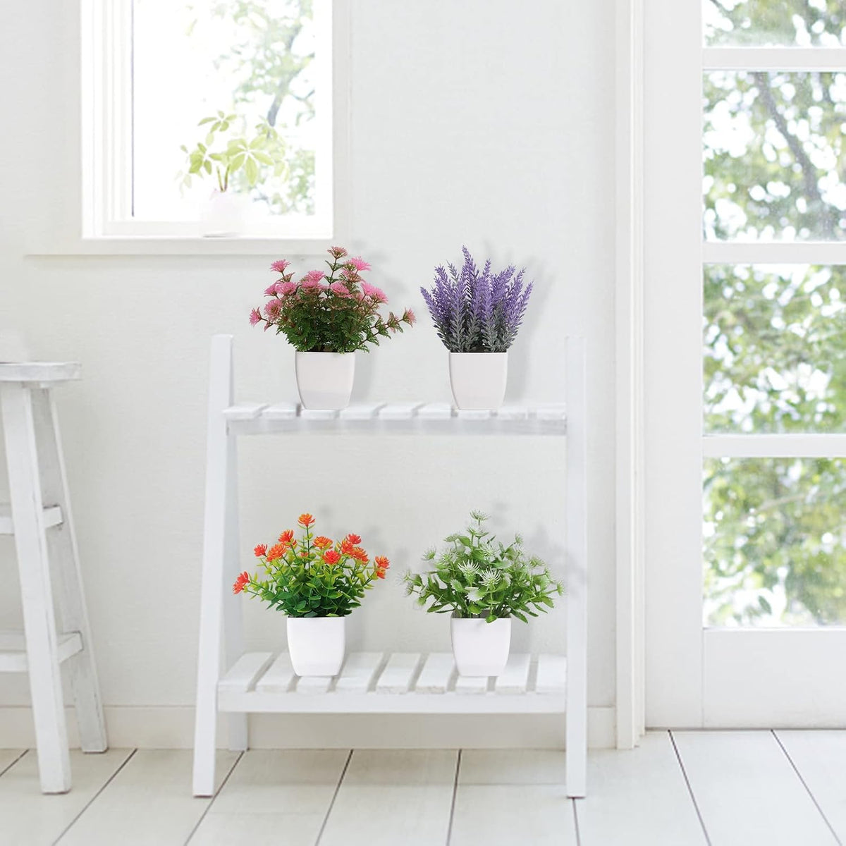 6 Pack Small Fake Plants Mini Artificial Faux Flowers with Pot Mini Potted Plants for House Office Desk Tabletop Decoration