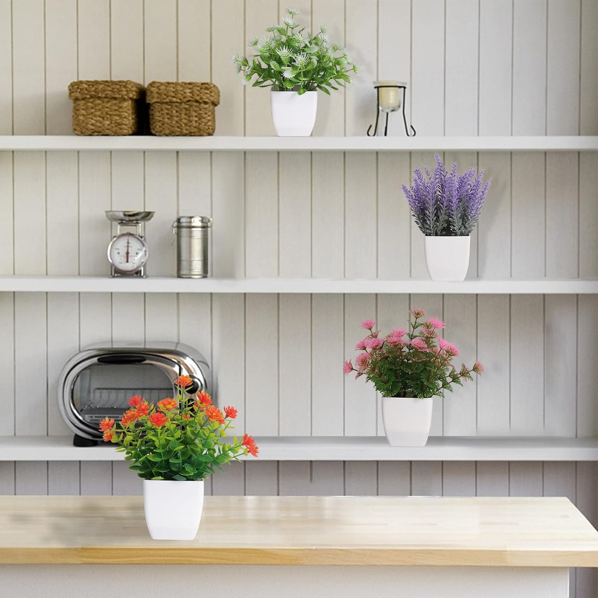 6 Pack Small Fake Plants Mini Artificial Faux Flowers with Pot Mini Potted Plants for House Office Desk Tabletop Decoration