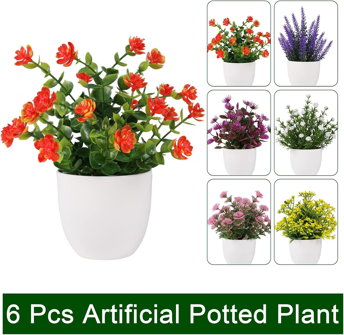 6 Pack Small Fake Plants Mini Artificial Faux Flowers with Pot Mini Potted Plants for House Office Desk Tabletop Decoration