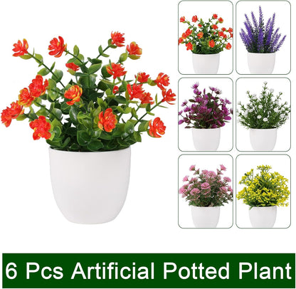 6 Pack Small Fake Plants Mini Artificial Faux Flowers with Pot Mini Potted Plants for House Office Desk Tabletop Decoration