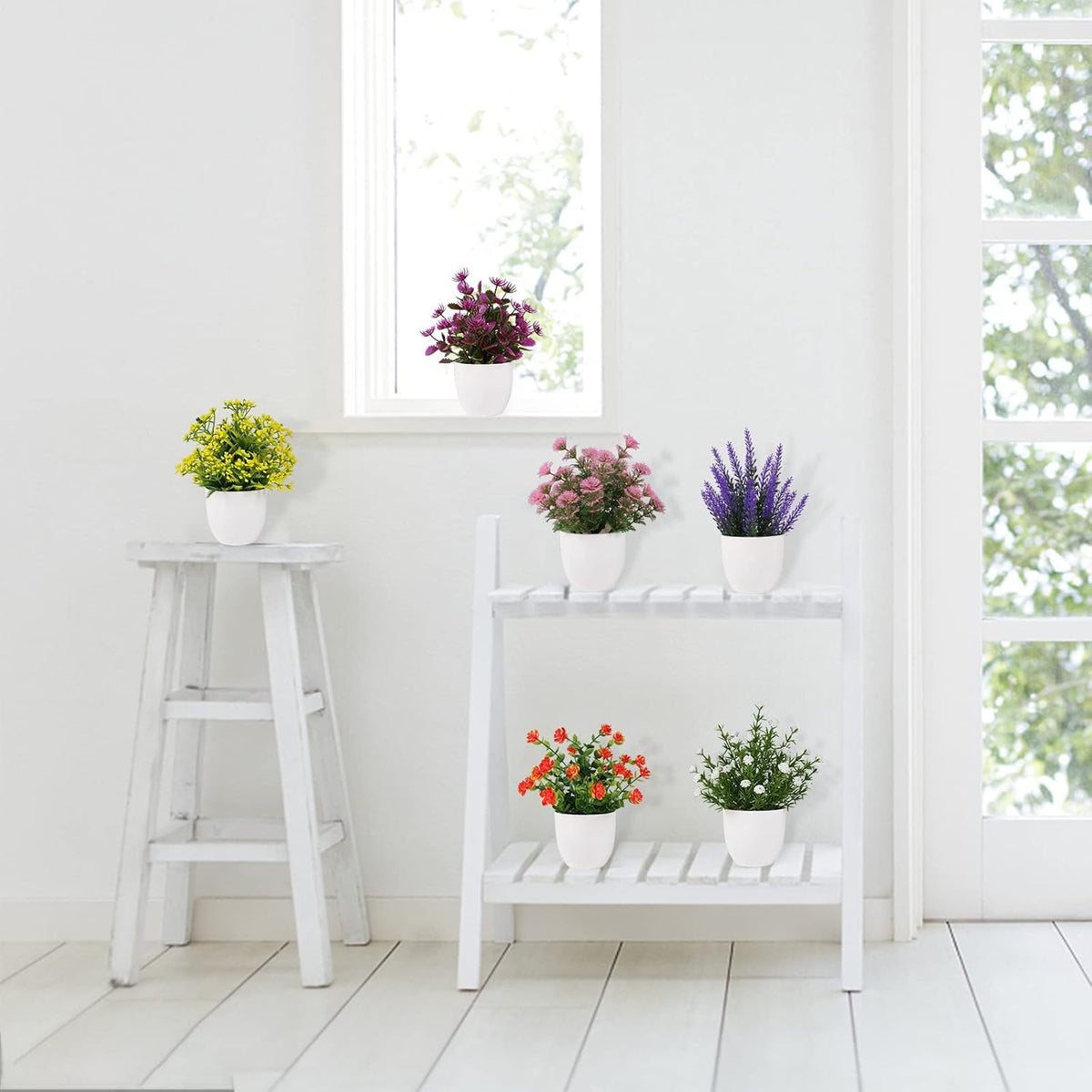 6 Pack Small Fake Plants Mini Artificial Faux Flowers with Pot Mini Potted Plants for House Office Desk Tabletop Decoration