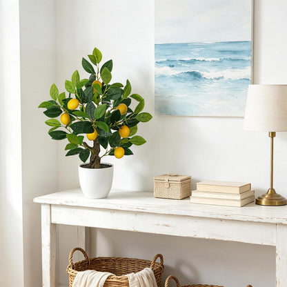 Artificial Potted Plants 16.1 inches Fake Orange Tree Artificial Citrus Fruit Plant with White Pot Faux Plants Indoor for Home,Office, Living Room Table, Desk