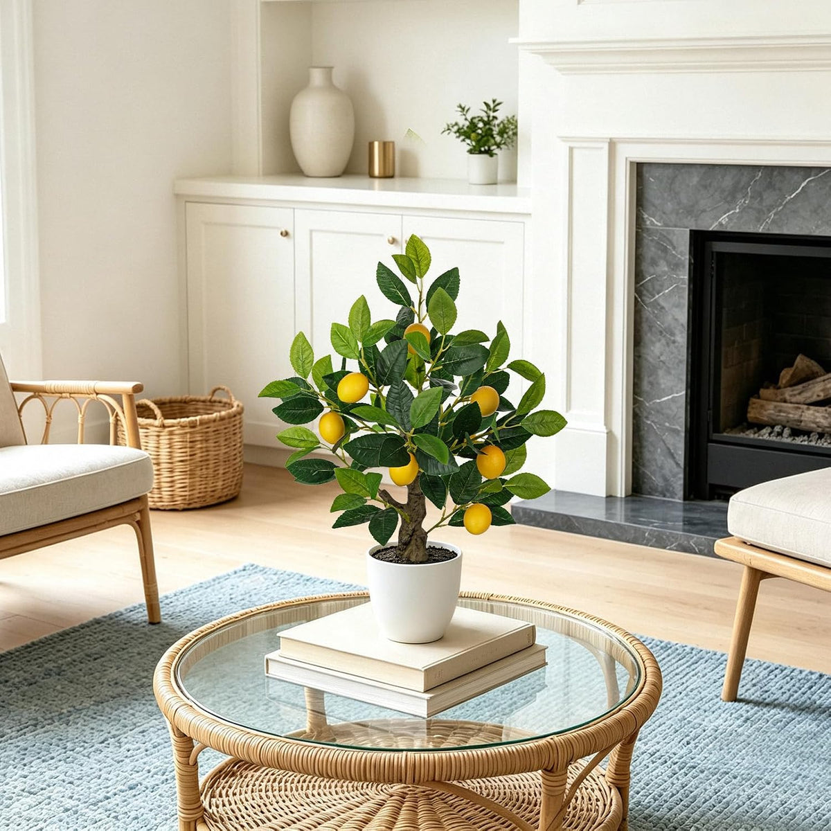 Artificial Potted Plants 16.1 inches Fake Orange Tree Artificial Citrus Fruit Plant with White Pot Faux Plants Indoor for Home,Office, Living Room Table, Desk