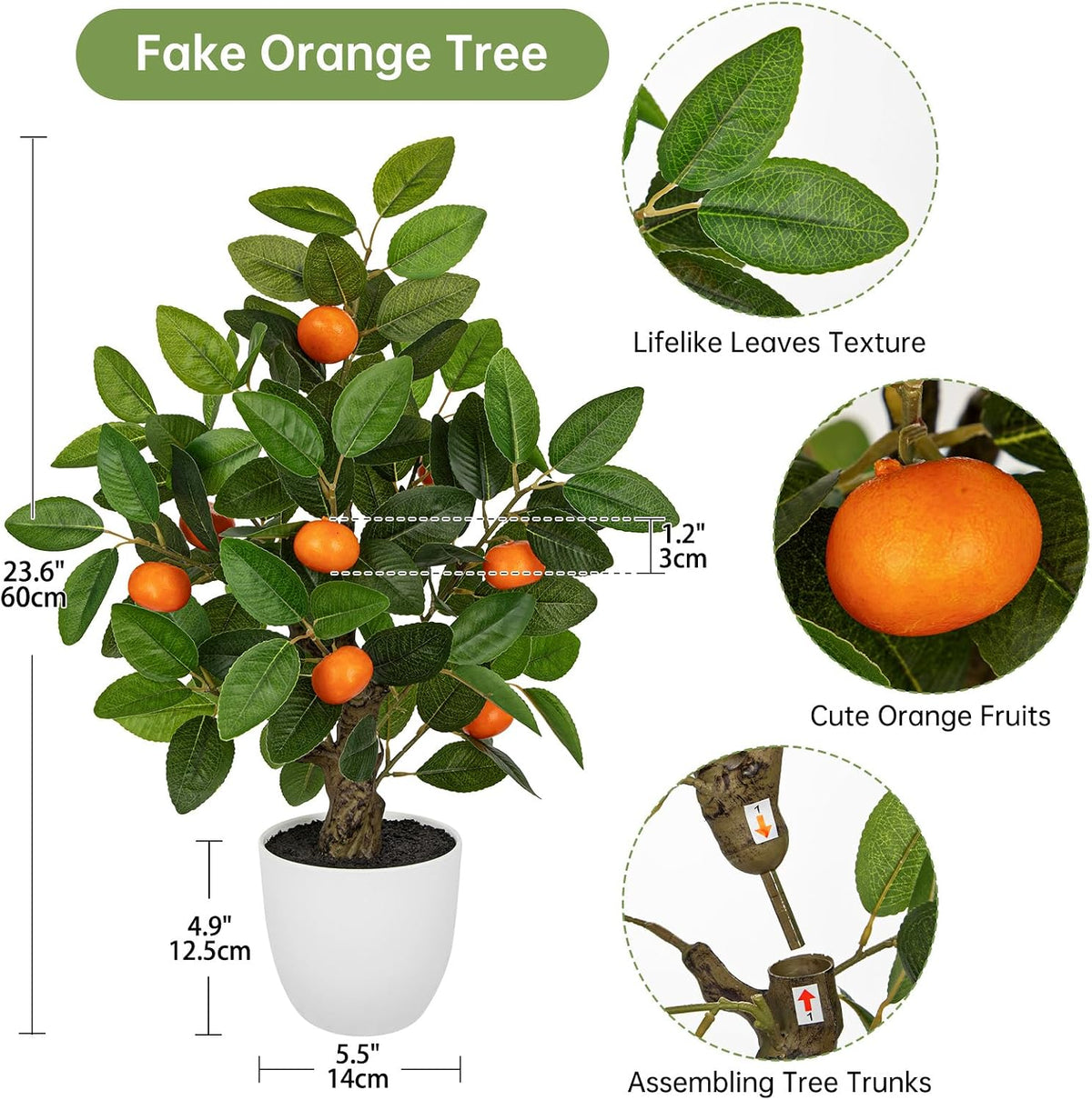 Artificial Potted Plants 16.1 inches Fake Orange Tree Artificial Citrus Fruit Plant with White Pot Faux Plants Indoor for Home,Office, Living Room Table, Desk