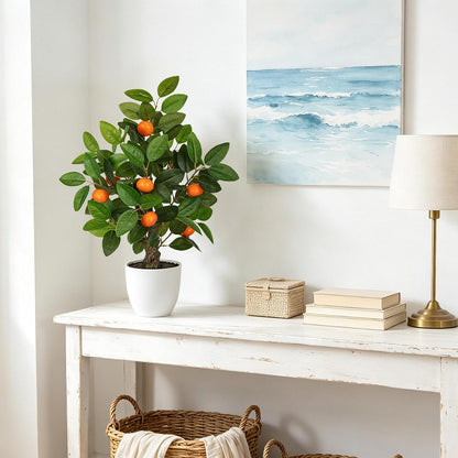 Artificial Potted Plants 16.1 inches Fake Orange Tree Artificial Citrus Fruit Plant with White Pot Faux Plants Indoor for Home,Office, Living Room Table, Desk