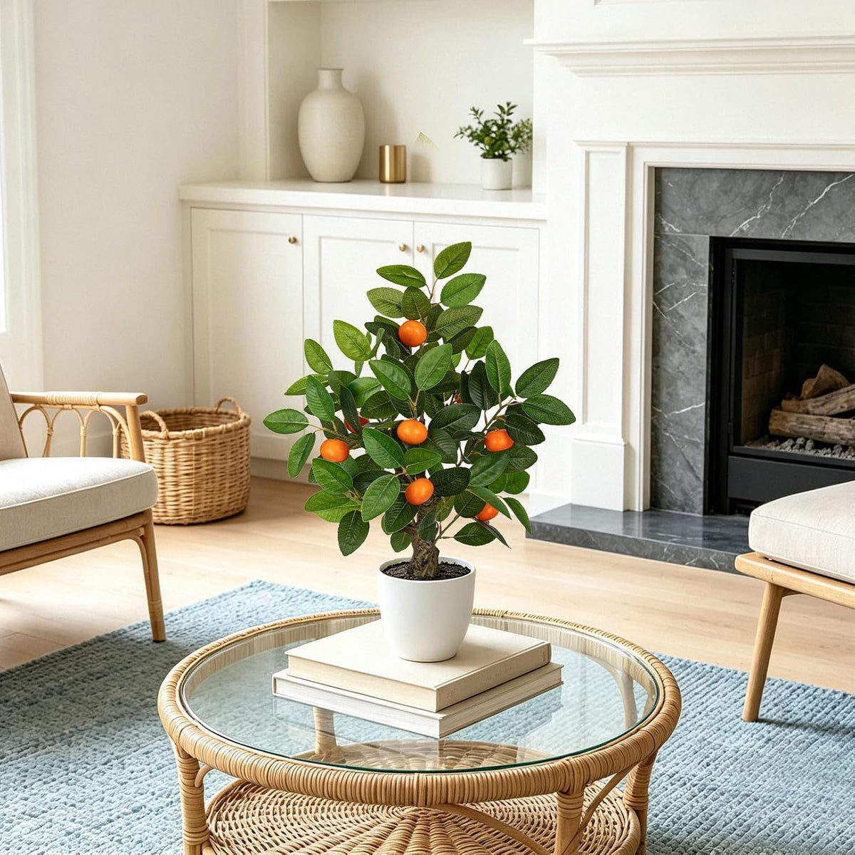 Artificial Potted Plants 16.1 inches Fake Orange Tree Artificial Citrus Fruit Plant with White Pot Faux Plants Indoor for Home,Office, Living Room Table, Desk