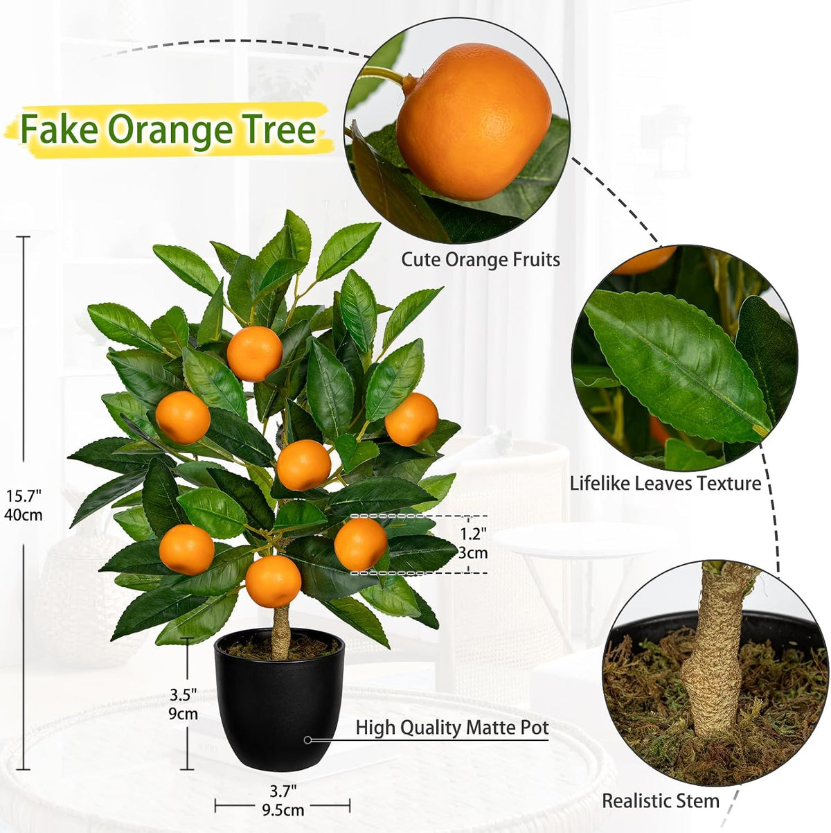 Artificial Potted Plants 16.1 inches Fake Orange Tree Artificial Citrus Fruit Plant with White Pot Faux Plants Indoor for Home,Office, Living Room Table, Desk