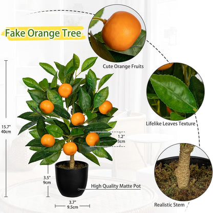 Artificial Potted Plants 16.1 inches Fake Orange Tree Artificial Citrus Fruit Plant with White Pot Faux Plants Indoor for Home,Office, Living Room Table, Desk