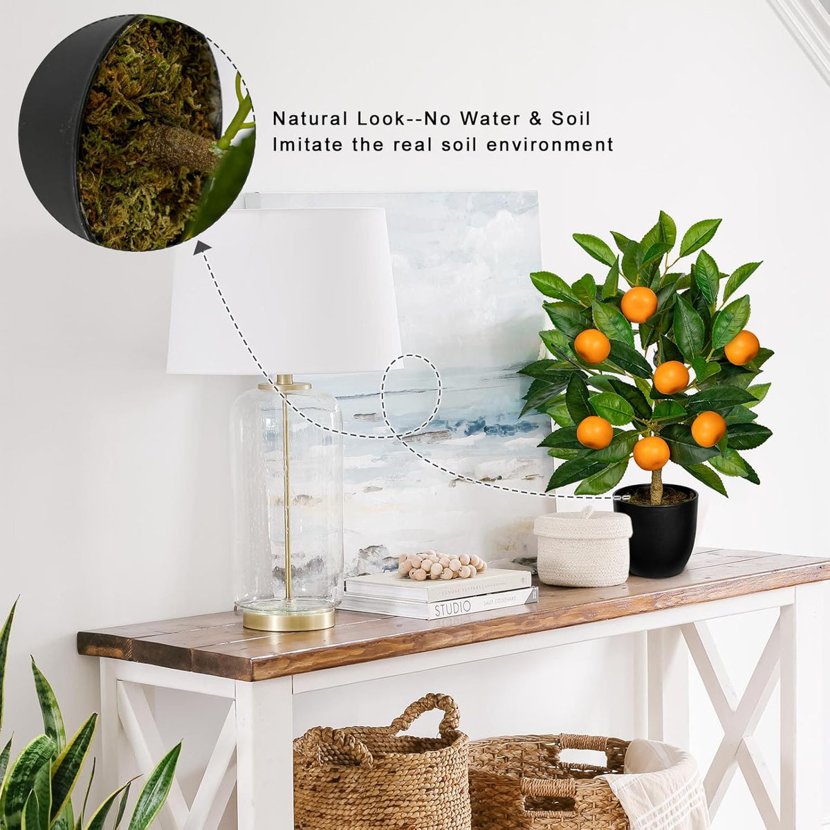 Artificial Potted Plants 16.1 inches Fake Orange Tree Artificial Citrus Fruit Plant with White Pot Faux Plants Indoor for Home,Office, Living Room Table, Desk