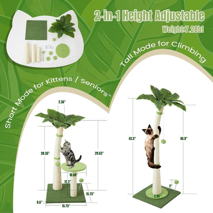 29.5-42.5" Cat Scratching Post, 2-in-1 Assembly, Adjustable Height with Bed