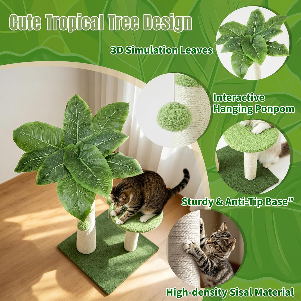 29.5-42.5" Cat Scratching Post, 2-in-1 Assembly, Adjustable Height with Bed