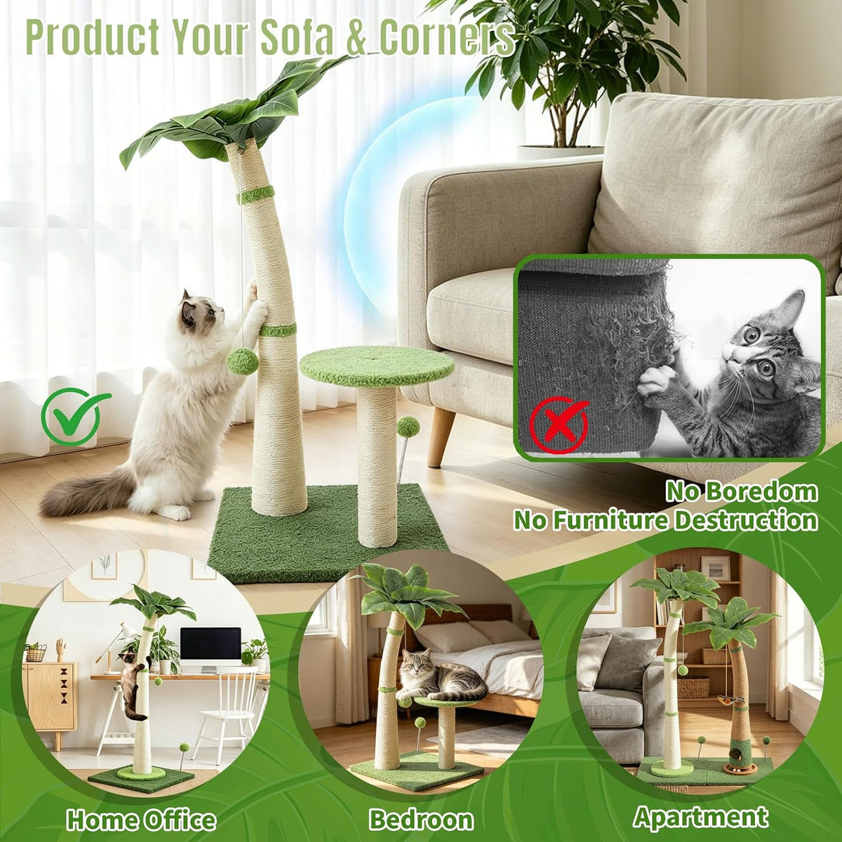29.5-42.5" Cat Scratching Post, 2-in-1 Assembly, Adjustable Height with Bed