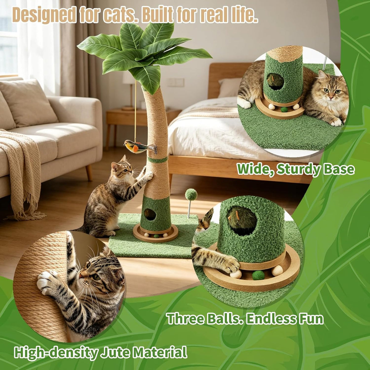 29.5-42.5" Cat Scratching Post, 2-in-1 Assembly, Adjustable Height with Bed