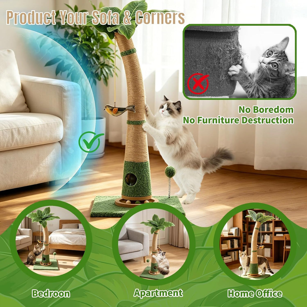 29.5-42.5" Cat Scratching Post, 2-in-1 Assembly, Adjustable Height with Bed