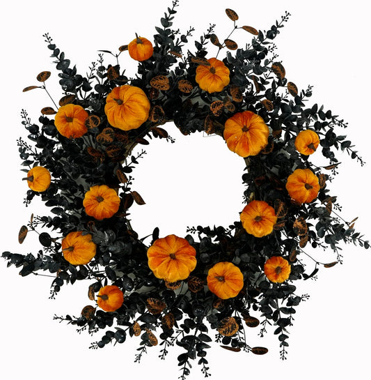 22" Halloween Wreath for Front Door Halloween Door Wreath with Pumpkins,Bronze and Black eucalptus Leaves for Front Door Indoor Outdoor Farmhouse Home Wall Window Festival Wedding Decor