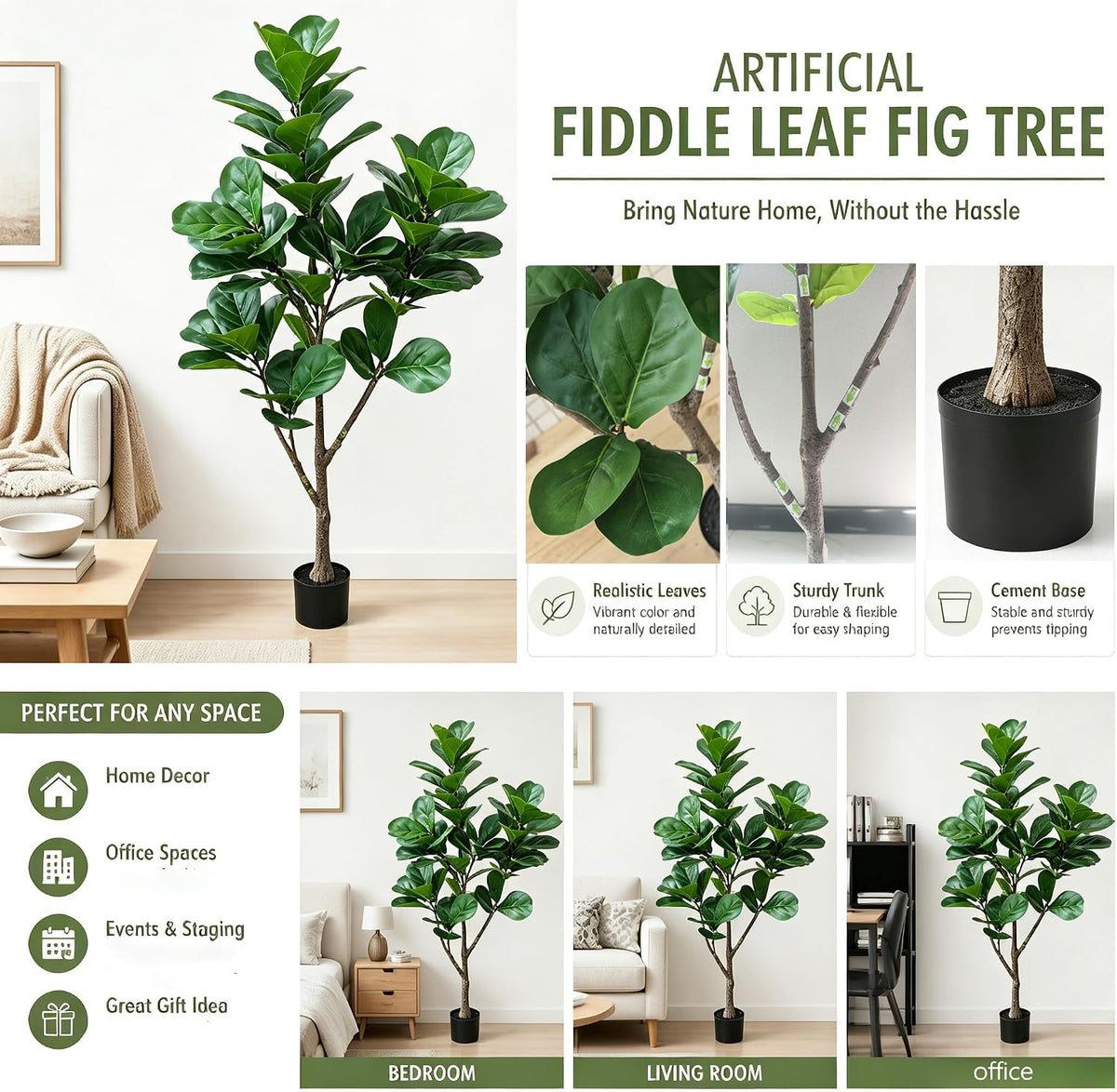 5ft Artificial Fiddle Leaf Fig Tree,Lifelike Indoor Faux Plant with Adjustable Branches,Easy Assembly,and Low Maintenance for Home and Office Decor