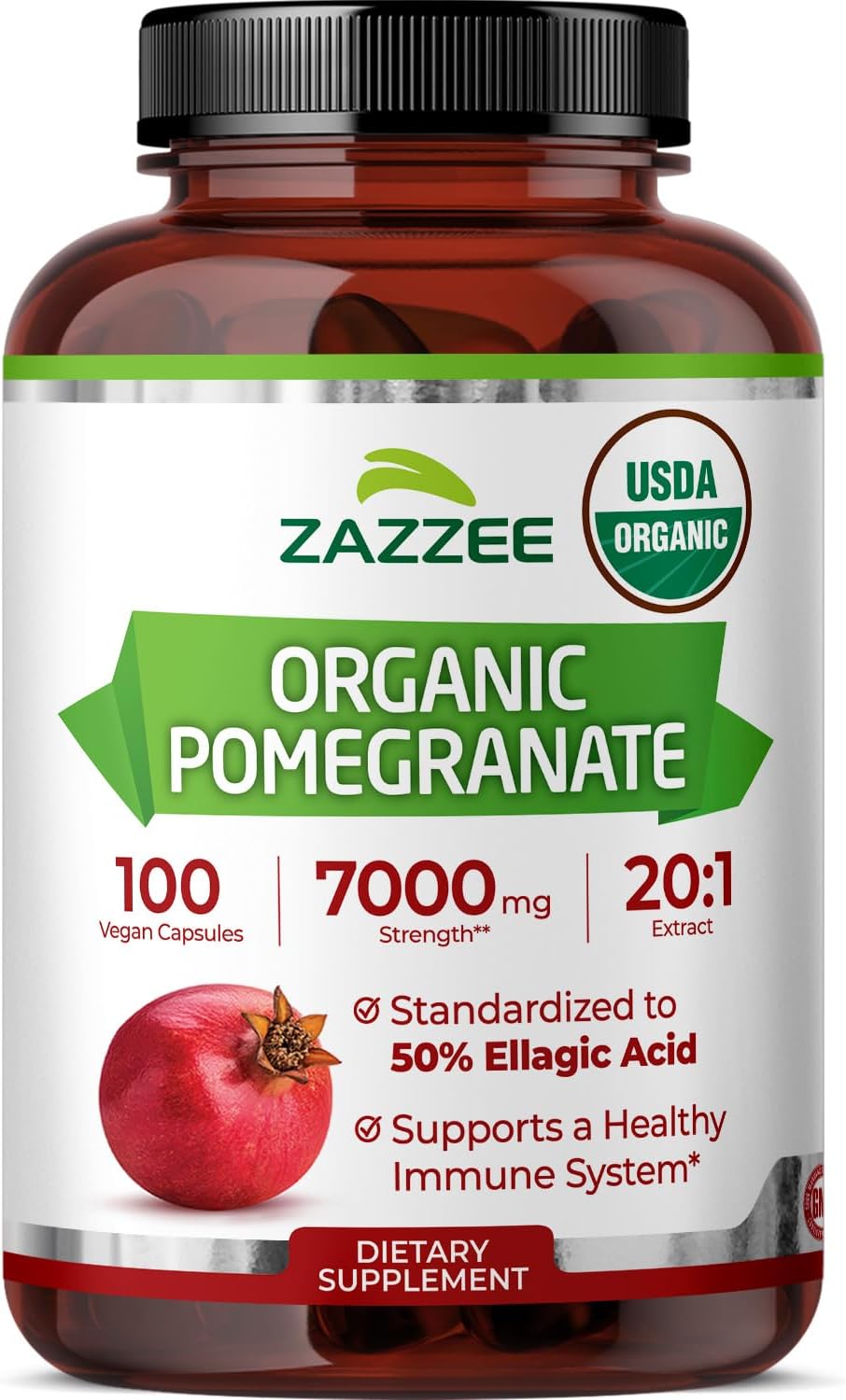 Zazzee USDA Organic Pomegranate 20:1 Extract, 50% Ellagic Acid 100 Capsules
