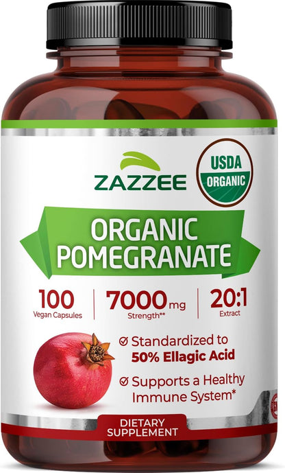Zazzee USDA Organic Pomegranate 20:1 Extract, 50% Ellagic Acid 100 Capsules