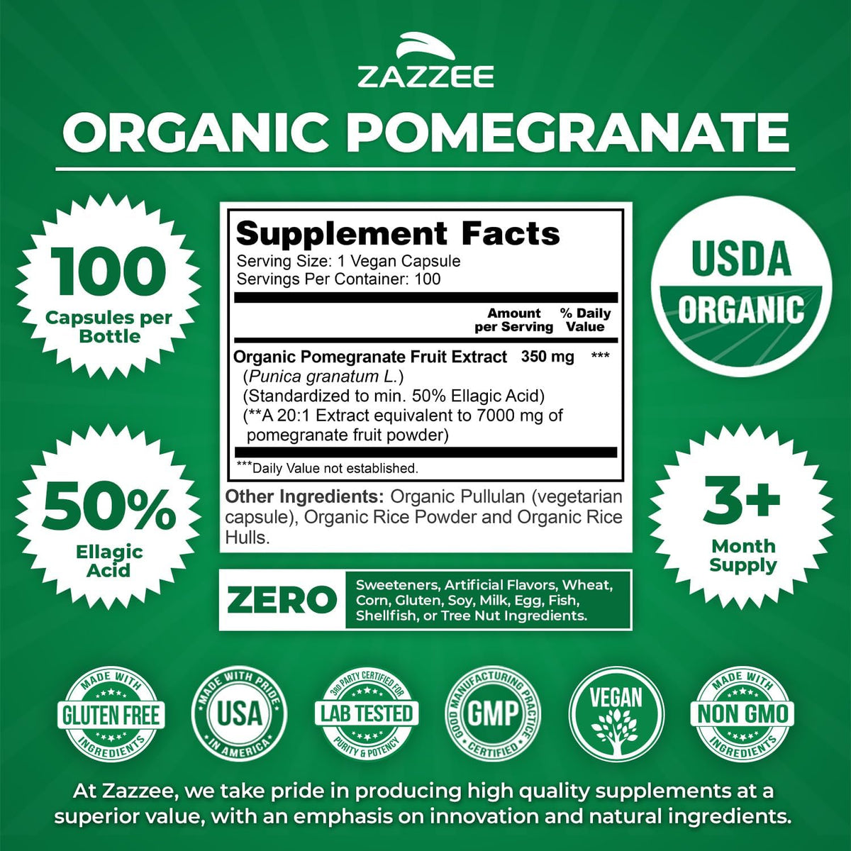 Zazzee USDA Organic Pomegranate 20:1 Extract, 50% Ellagic Acid 100 Capsules