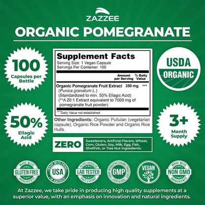 Zazzee USDA Organic Pomegranate 20:1 Extract, 50% Ellagic Acid 100 Capsules