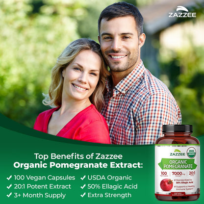 Zazzee USDA Organic Pomegranate 20:1 Extract, 50% Ellagic Acid 100 Capsules