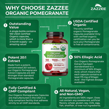 Zazzee USDA Organic Pomegranate 20:1 Extract, 50% Ellagic Acid 100 Capsules