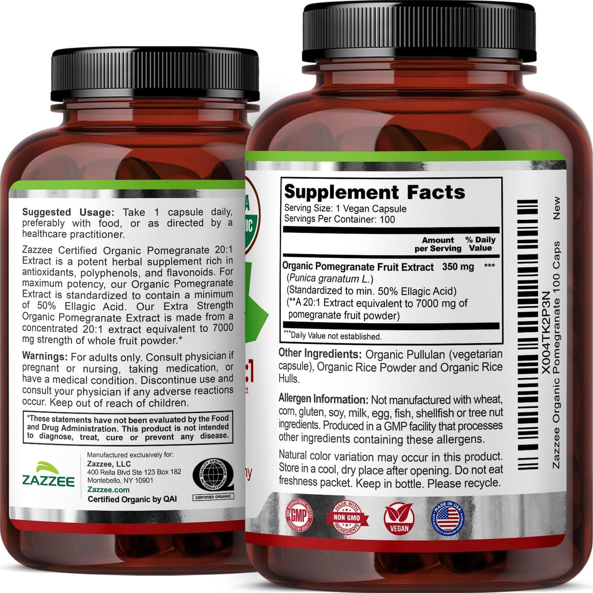Zazzee USDA Organic Pomegranate 20:1 Extract, 50% Ellagic Acid 100 Capsules