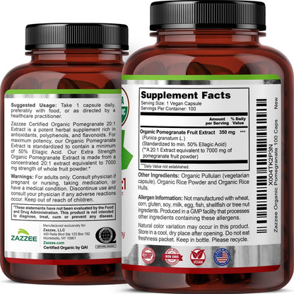 Zazzee USDA Organic Pomegranate 20:1 Extract, 50% Ellagic Acid 100 Capsules