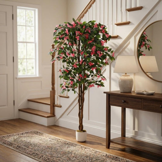 5.2FT Artificial Bougainvillea Tree in Pot, Premium Polyester Faux Plant, Tall Flowering Fake Tree for Indoor Outdoor Decor, Entryway, Apartment Balcony & Bedroom Aesthetic