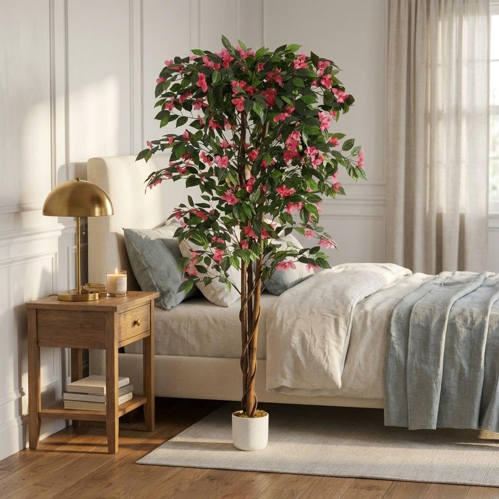 5.2FT Artificial Bougainvillea Tree in Pot, Premium Polyester Faux Plant, Tall Flowering Fake Tree for Indoor Outdoor Decor, Entryway, Apartment Balcony & Bedroom Aesthetic