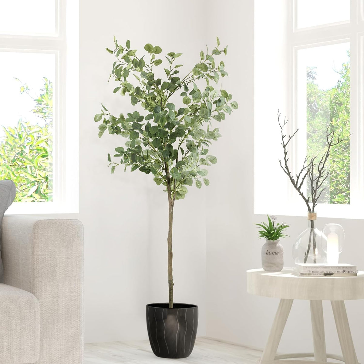 Artificial Eucalyptus Tree,6Ft Tall Fake Potted Tree Silk Faux Eucalyptus Tree with Plastic Nursery Pot, Artificial Plants for Home Office Indoor Decor