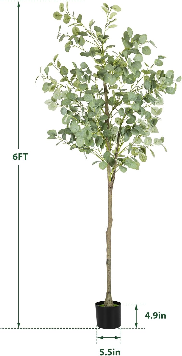 Artificial Eucalyptus Tree,6Ft Tall Fake Potted Tree Silk Faux Eucalyptus Tree with Plastic Nursery Pot, Artificial Plants for Home Office Indoor Decor