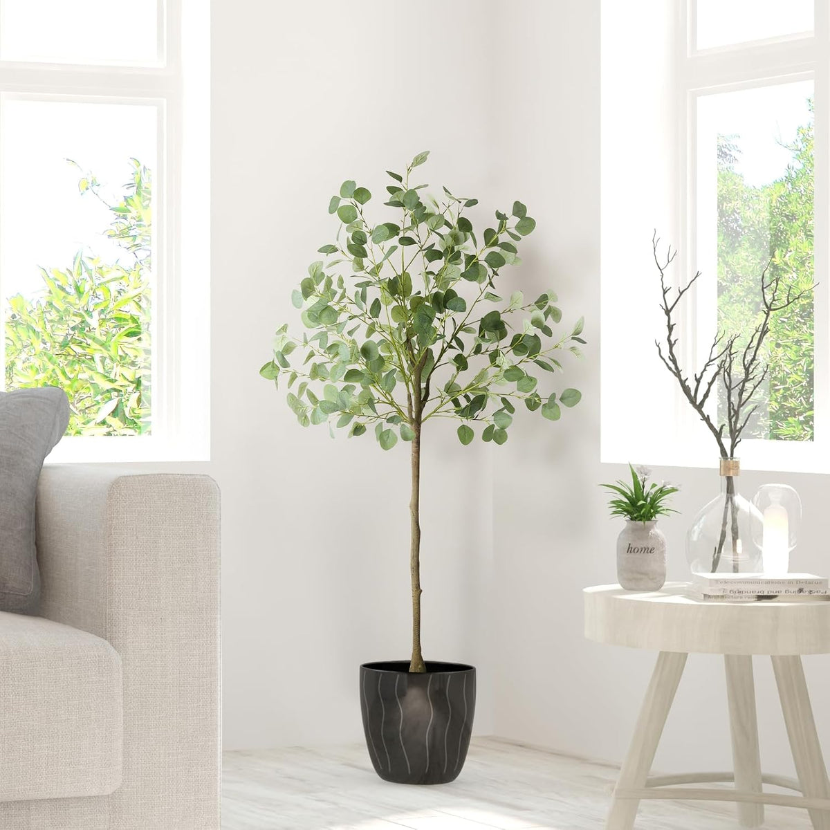 Artificial Eucalyptus Tree,6Ft Tall Fake Potted Tree Silk Faux Eucalyptus Tree with Plastic Nursery Pot, Artificial Plants for Home Office Indoor Decor