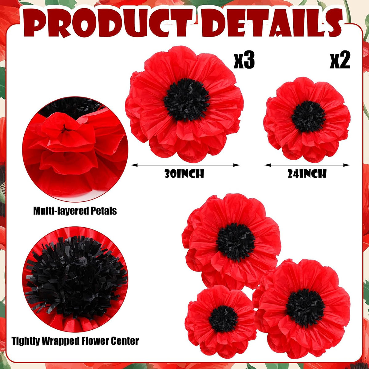 5 Pcs Giant Halloween Red Poppy Paper Flowers for Wizard Decor