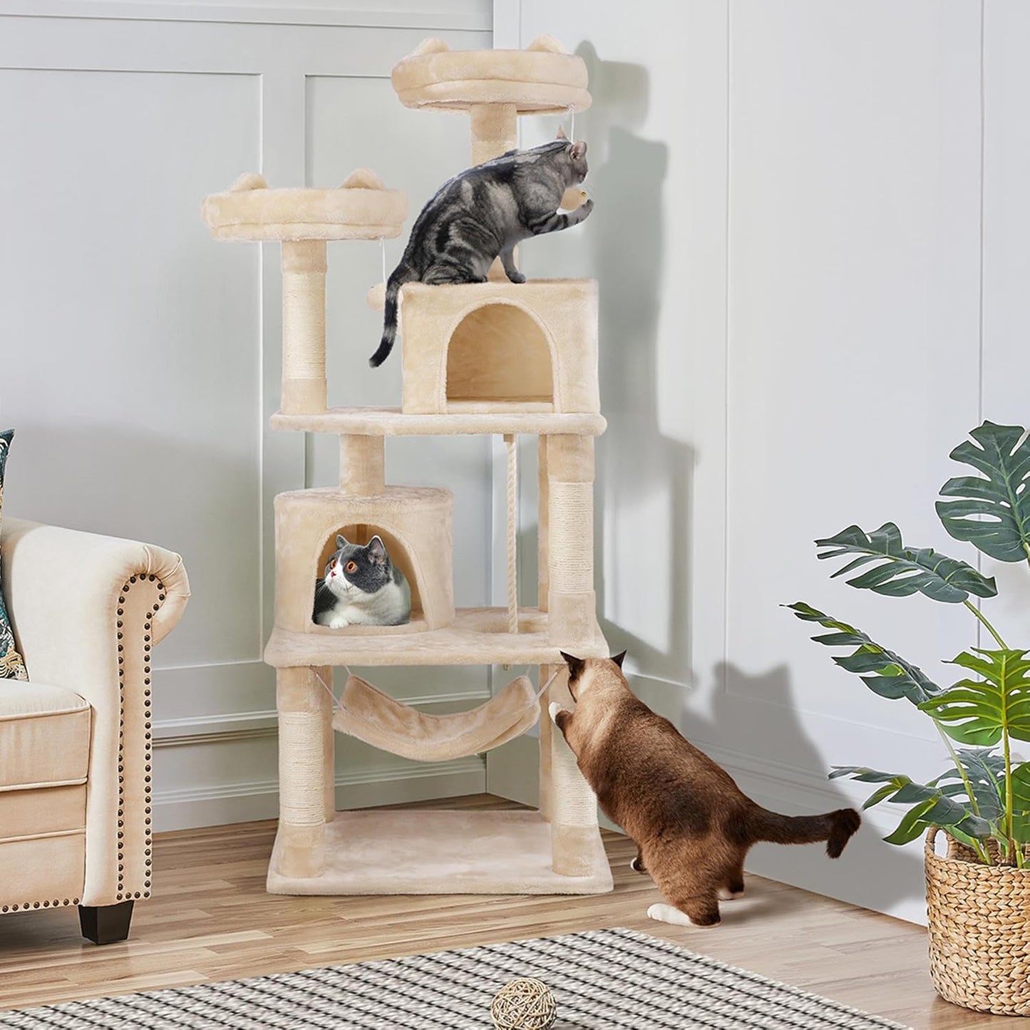 62.5inches Cat Tree Cat Tower Kitten Condo with Platform & Hammock, Scratching Posts for Kittens Pet Play House with Plush Perch for Indoor Activity Relaxing, Green