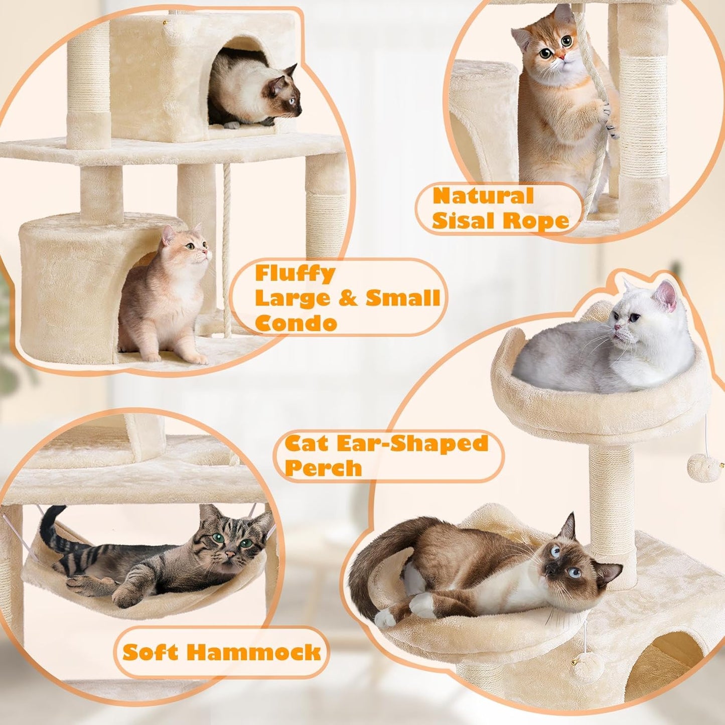 62.5inches Cat Tree Cat Tower Kitten Condo with Platform & Hammock, Scratching Posts for Kittens Pet Play House with Plush Perch for Indoor Activity Relaxing, Green