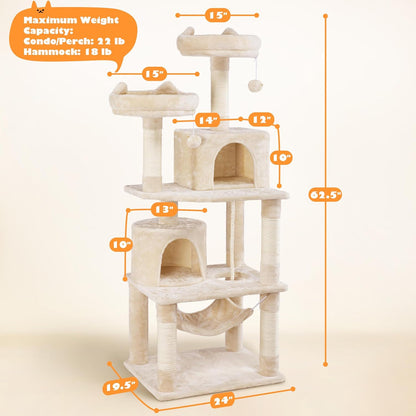 62.5inches Cat Tree Cat Tower Kitten Condo with Platform & Hammock, Scratching Posts for Kittens Pet Play House with Plush Perch for Indoor Activity Relaxing, Green
