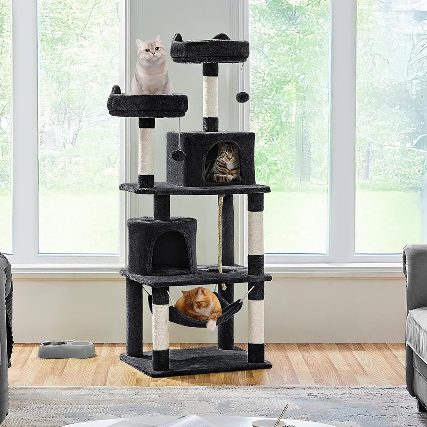 62.5inches Cat Tree Cat Tower Kitten Condo with Platform & Hammock, Scratching Posts for Kittens Pet Play House with Plush Perch for Indoor Activity Relaxing, Green