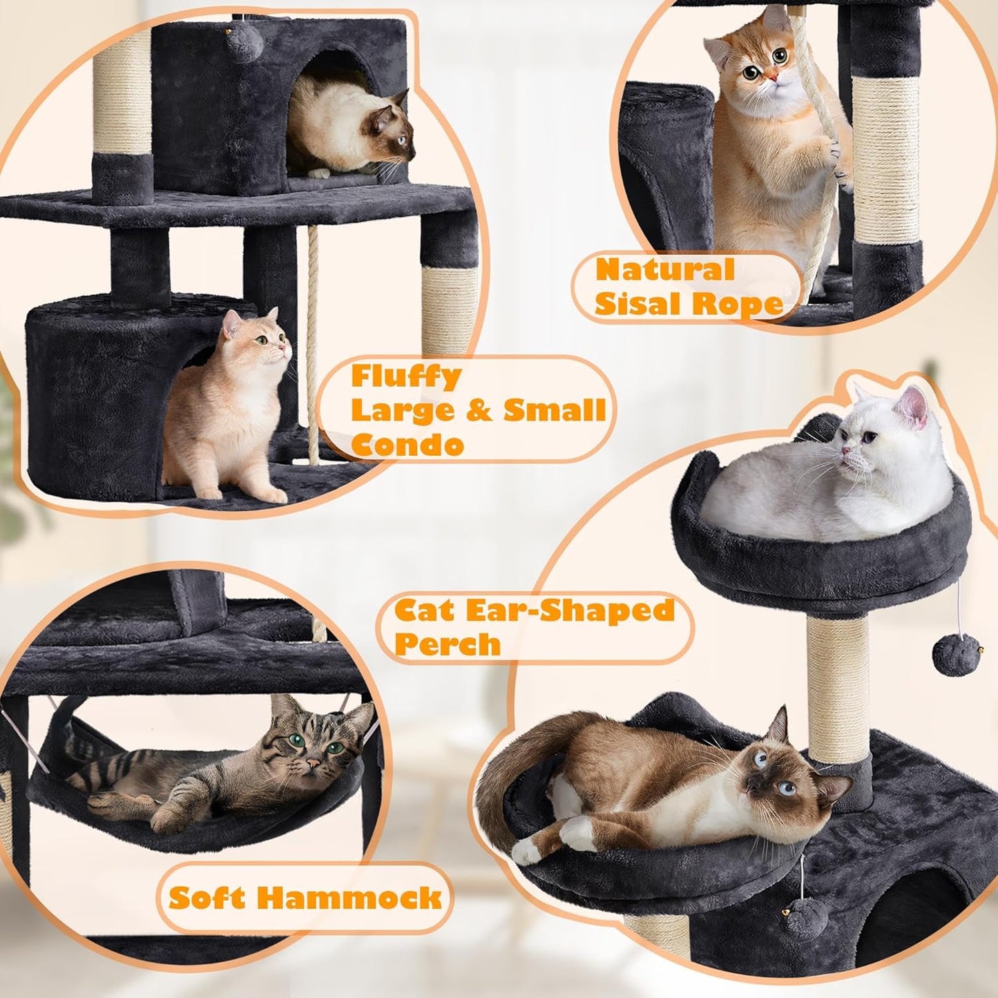 62.5inches Cat Tree Cat Tower Kitten Condo with Platform & Hammock, Scratching Posts for Kittens Pet Play House with Plush Perch for Indoor Activity Relaxing, Green