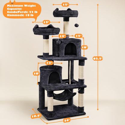 62.5inches Cat Tree Cat Tower Kitten Condo with Platform & Hammock, Scratching Posts for Kittens Pet Play House with Plush Perch for Indoor Activity Relaxing, Green