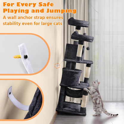 62.5inches Cat Tree Cat Tower Kitten Condo with Platform & Hammock, Scratching Posts for Kittens Pet Play House with Plush Perch for Indoor Activity Relaxing, Green