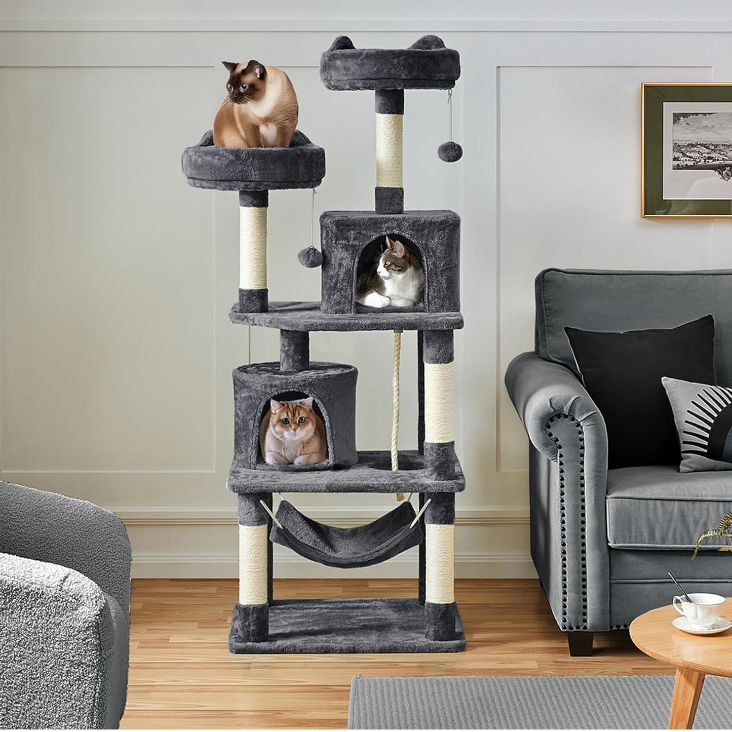 62.5inches Cat Tree Cat Tower Kitten Condo with Platform & Hammock, Scratching Posts for Kittens Pet Play House with Plush Perch for Indoor Activity Relaxing, Green