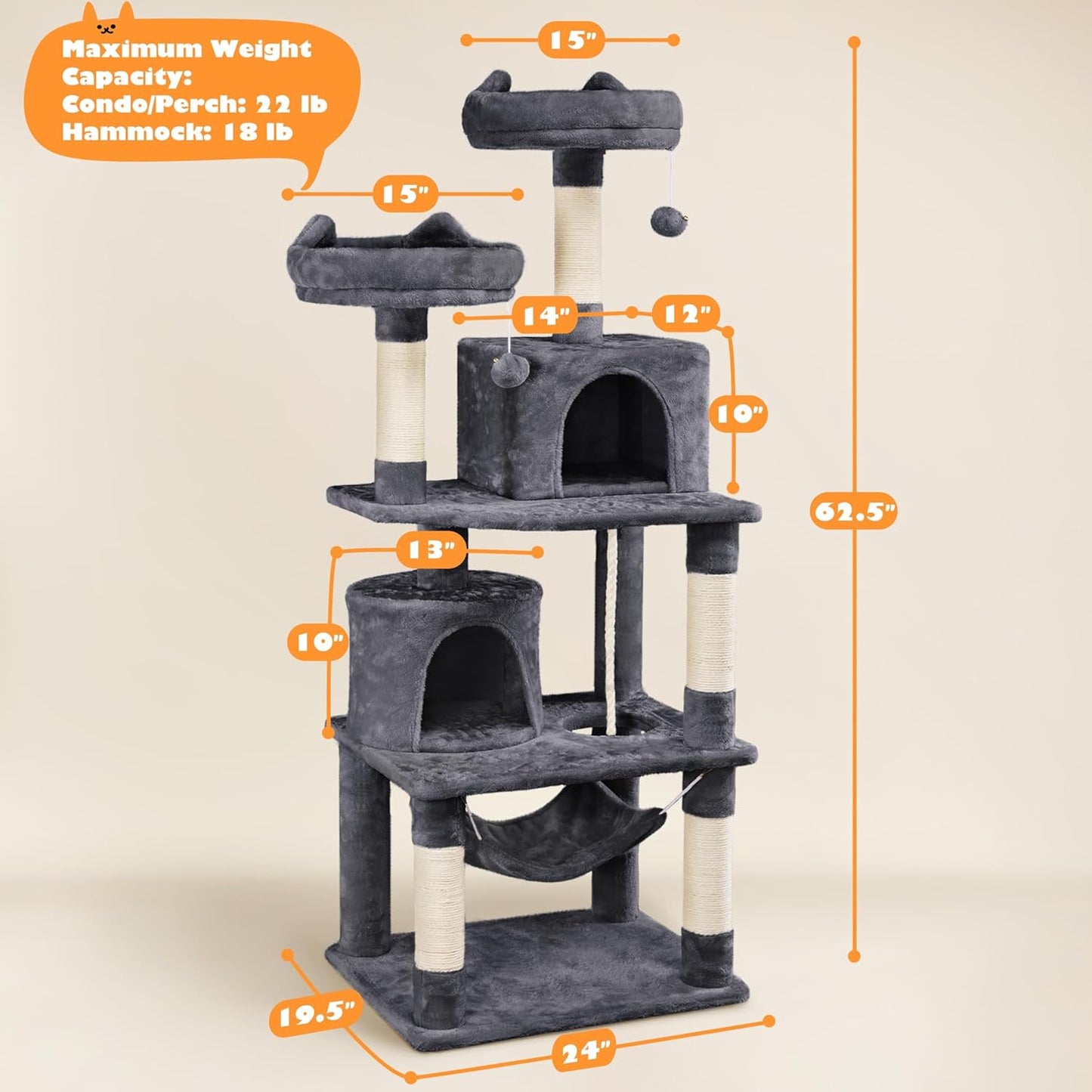 62.5inches Cat Tree Cat Tower Kitten Condo with Platform & Hammock, Scratching Posts for Kittens Pet Play House with Plush Perch for Indoor Activity Relaxing, Green