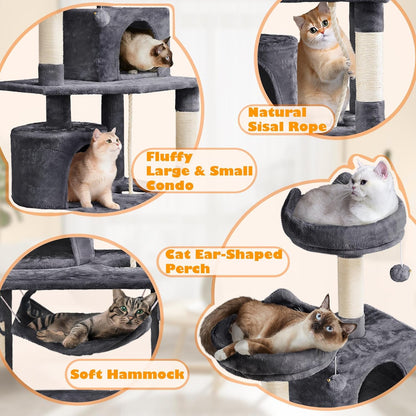62.5inches Cat Tree Cat Tower Kitten Condo with Platform & Hammock, Scratching Posts for Kittens Pet Play House with Plush Perch for Indoor Activity Relaxing, Green