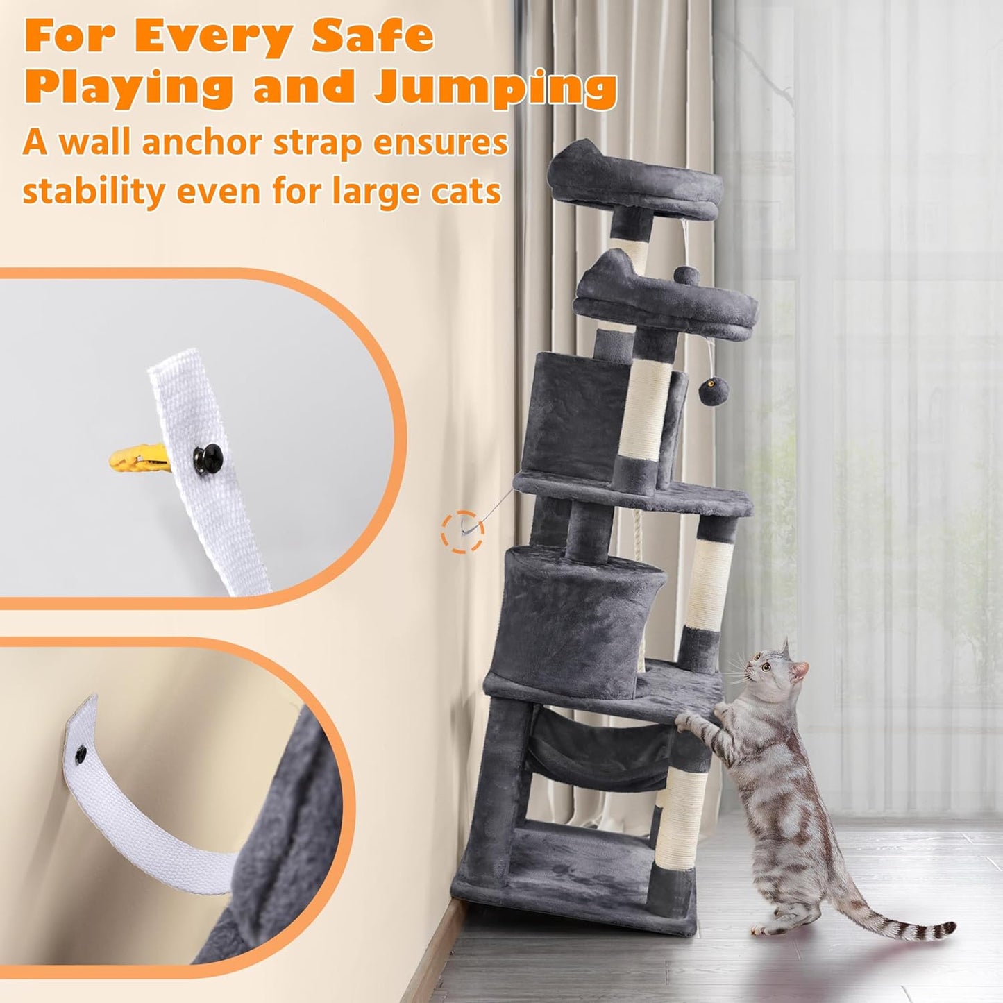 62.5inches Cat Tree Cat Tower Kitten Condo with Platform & Hammock, Scratching Posts for Kittens Pet Play House with Plush Perch for Indoor Activity Relaxing, Green