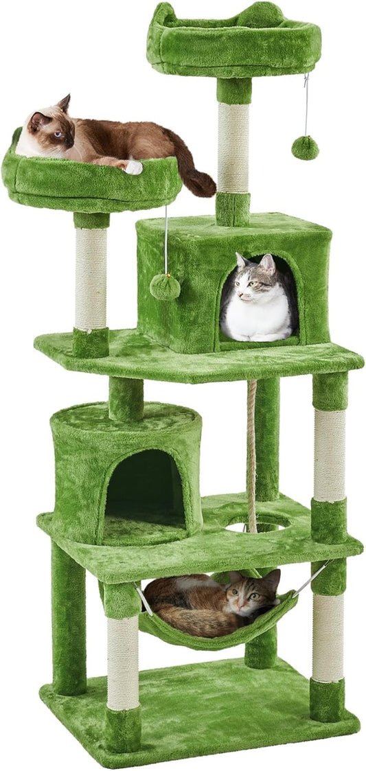 62.5inches Cat Tree Cat Tower Kitten Condo with Platform & Hammock, Scratching Posts for Kittens Pet Play House with Plush Perch for Indoor Activity Relaxing, Green