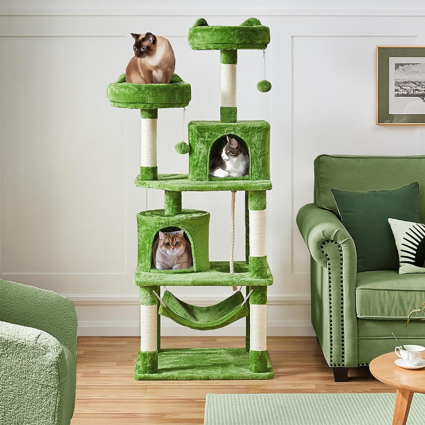 62.5inches Cat Tree Cat Tower Kitten Condo with Platform & Hammock, Scratching Posts for Kittens Pet Play House with Plush Perch for Indoor Activity Relaxing, Green