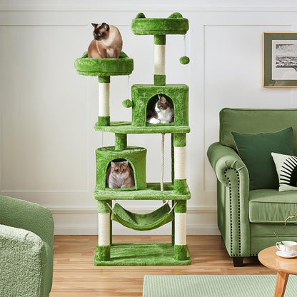 62.5inches Cat Tree Cat Tower Kitten Condo with Platform & Hammock, Scratching Posts for Kittens Pet Play House with Plush Perch for Indoor Activity Relaxing, Green