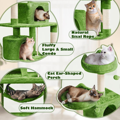 62.5inches Cat Tree Cat Tower Kitten Condo with Platform & Hammock, Scratching Posts for Kittens Pet Play House with Plush Perch for Indoor Activity Relaxing, Green