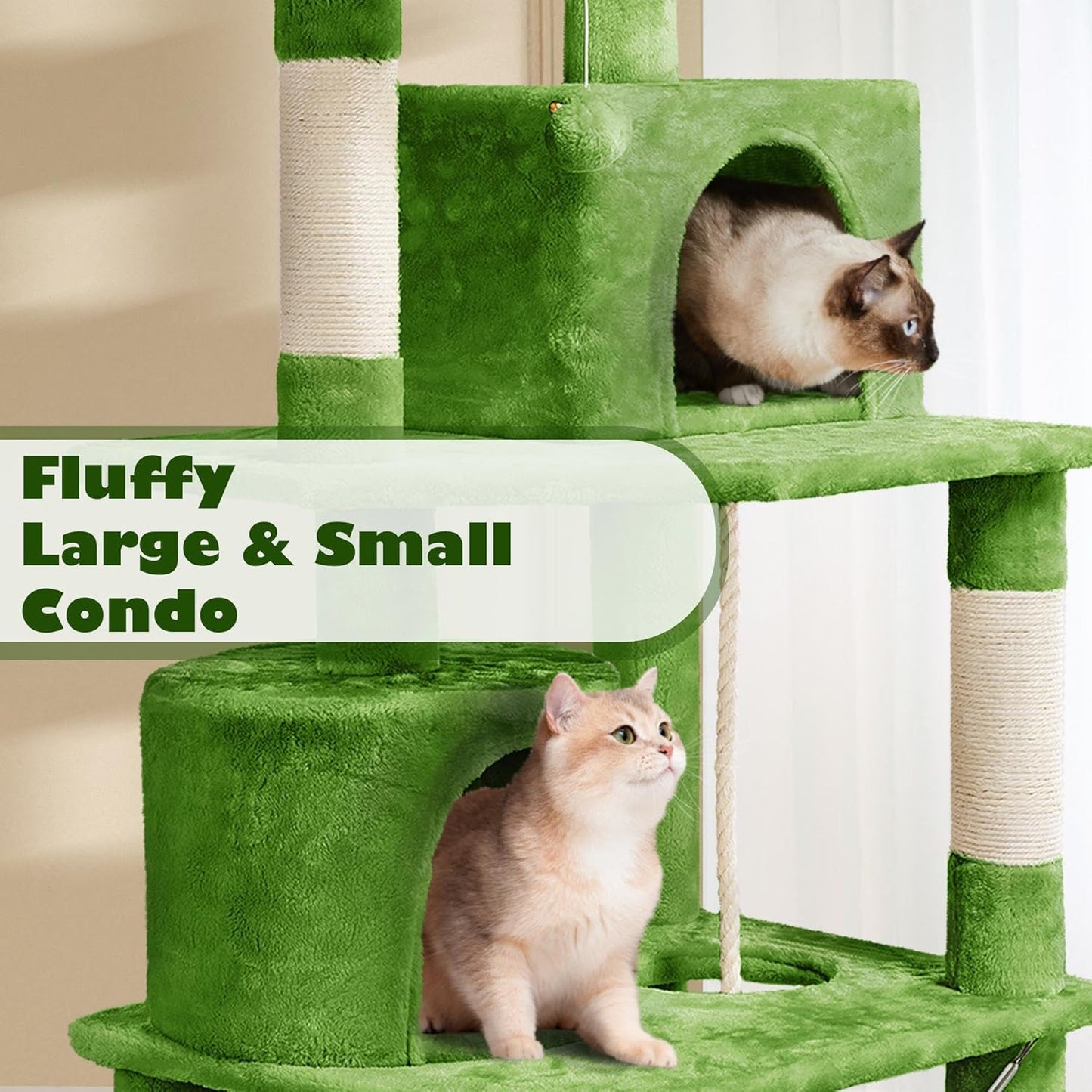 62.5inches Cat Tree Cat Tower Kitten Condo with Platform & Hammock, Scratching Posts for Kittens Pet Play House with Plush Perch for Indoor Activity Relaxing, Green